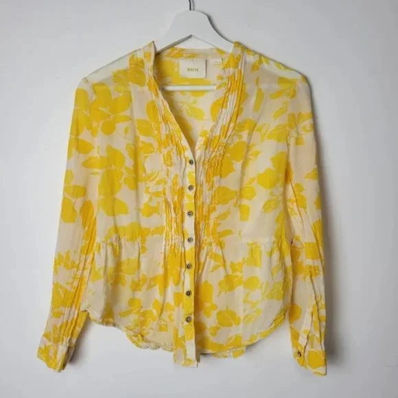 Anthropologie Maeve Yellow Floral Pintuck Peplum Blouse Size 2 - Picture 4 of 5